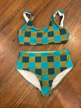 Green and Teal Check Bikini Top with White Trim